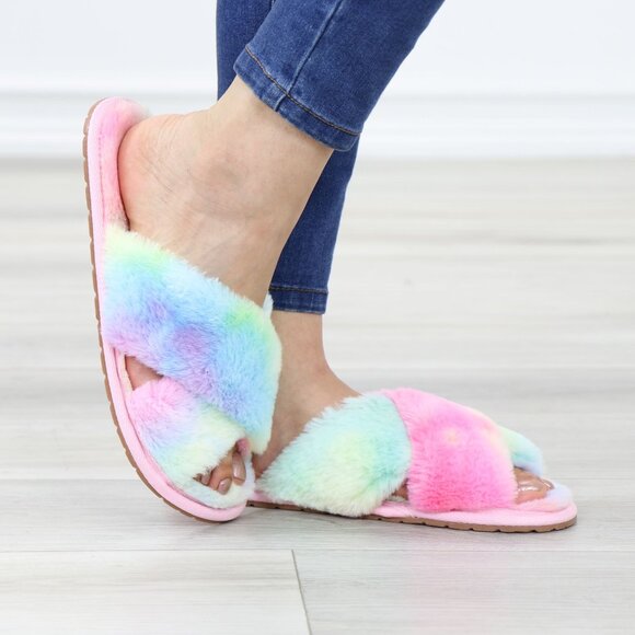 Cross Strap Tie Dye Multi Color Puff Fuzzy Furry Fluffy Slip On Plush Slippers - Picture 9 of 15